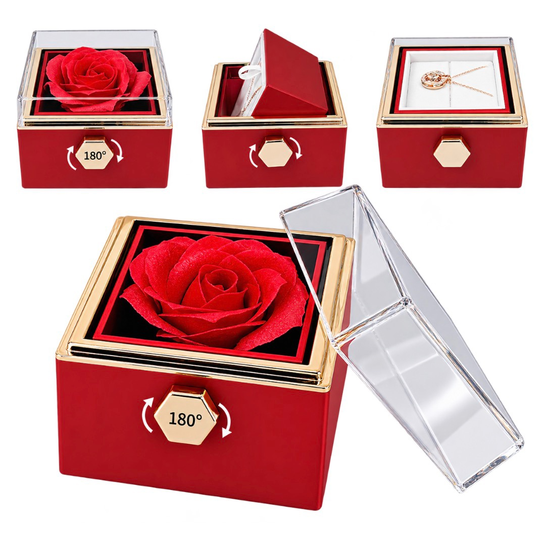 Caja roja con rosa giratoria 180 grados