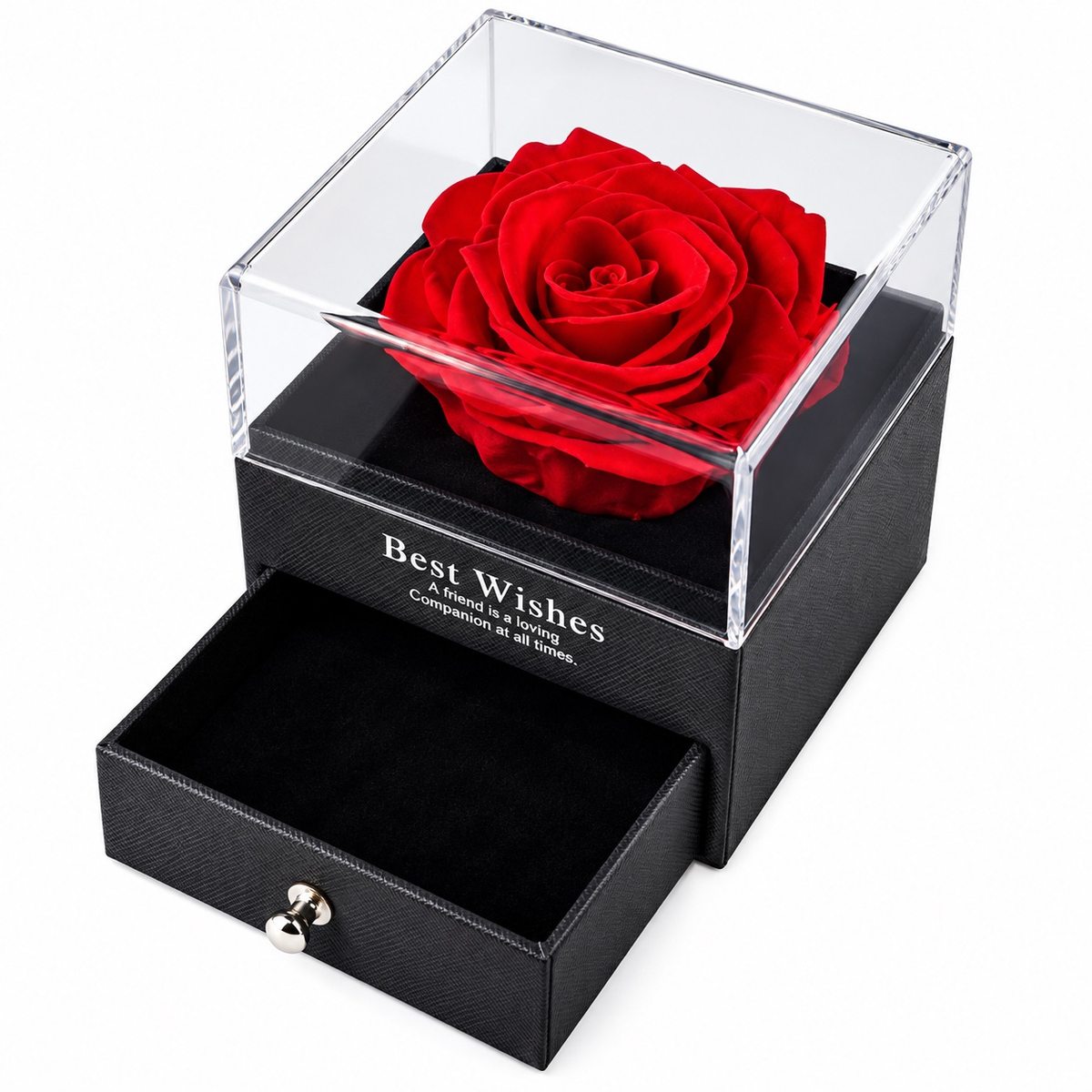 Caja negra con rosa roja y cajón para joya