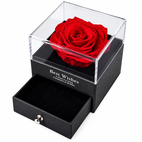 Caja negra con rosa roja y cajón para joya